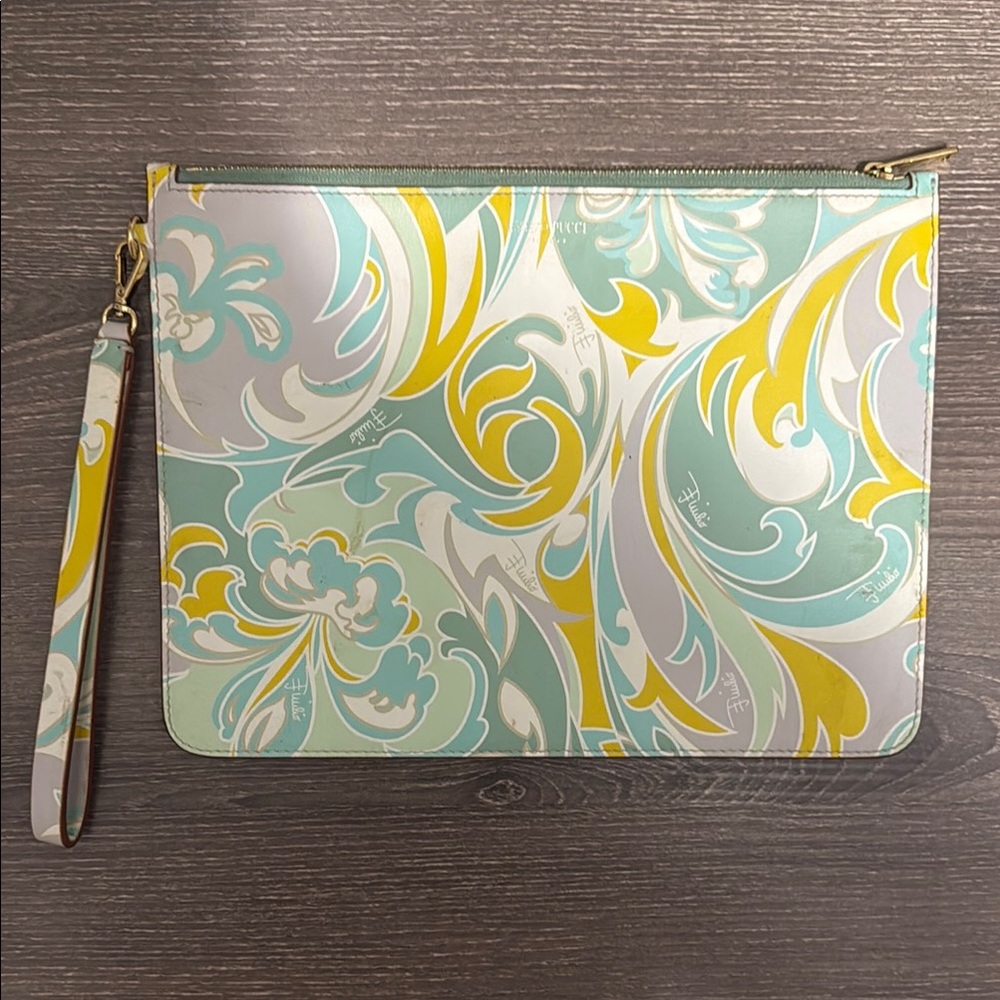 Emilio Pucci Aqua and Yellow Swirl Clutch